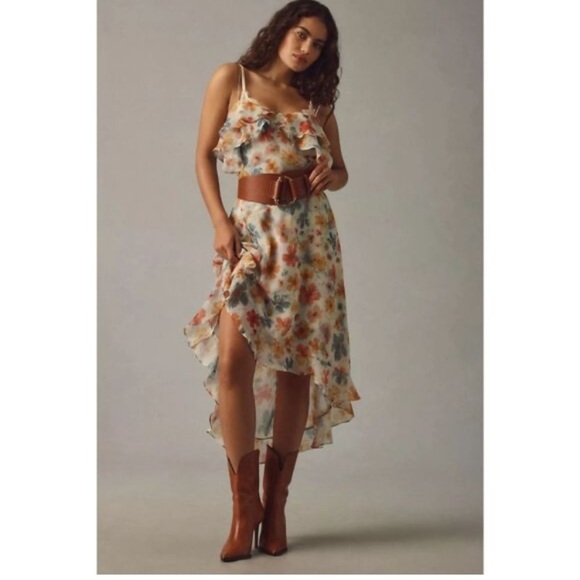 ANTHROPOLOGIE ASYMMETRICAL HEM FLORAL WATER COLOR SPAGHETTI STRAP DRESS XS - Picture 6 of 16